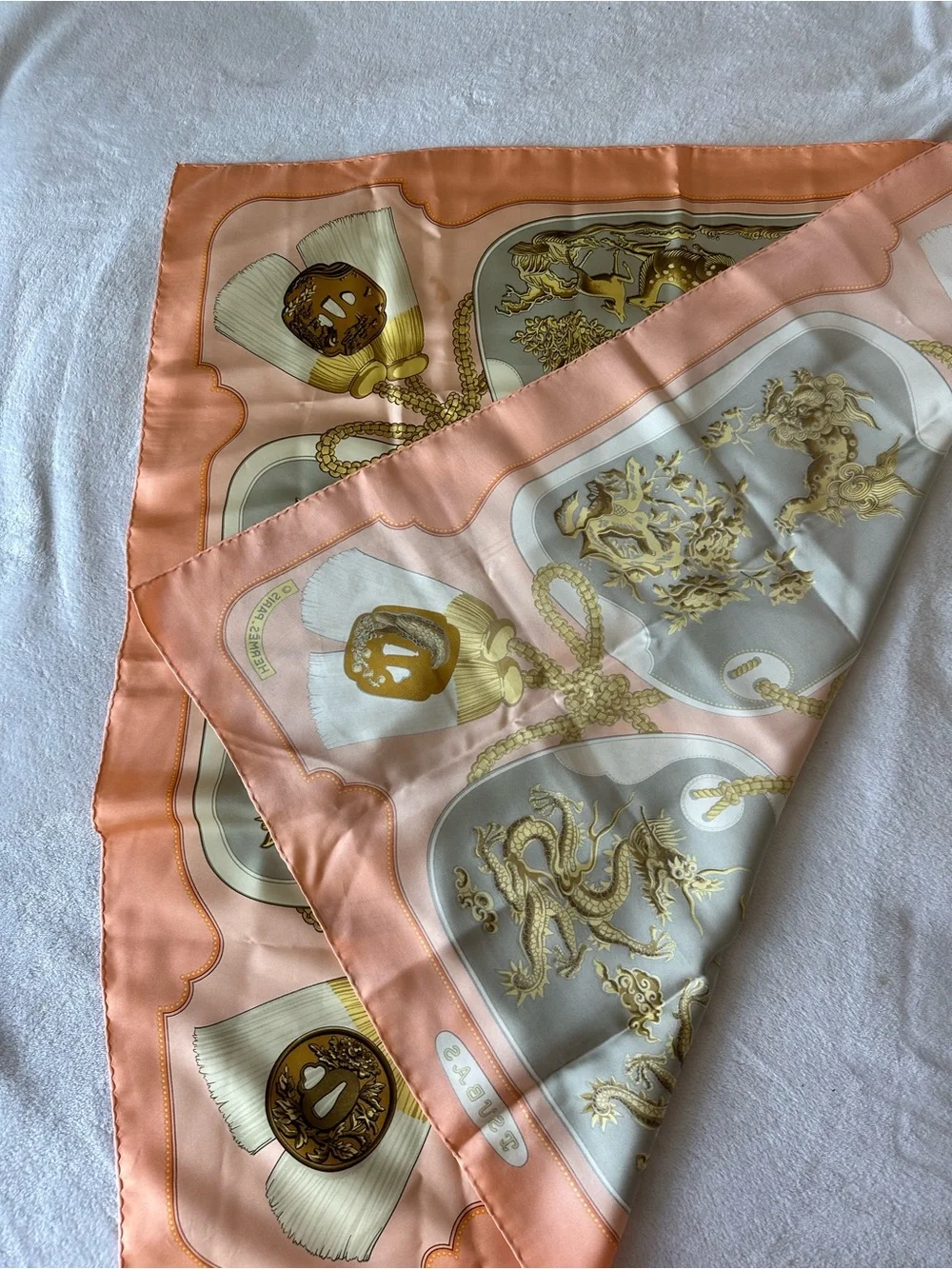 Hermes Peach and Gold Silk Scarf with Ornate Dragon Panels - Picture 14 of 16